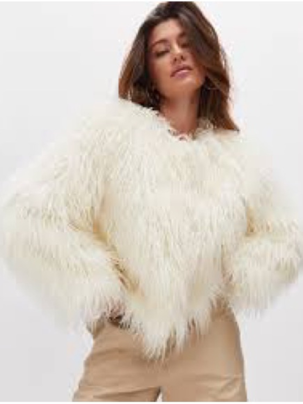 New Zara Cream Feather-Effect Cropped Faux Fur Jacket